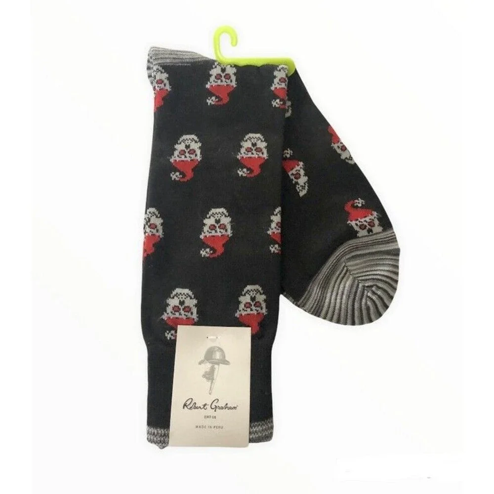 Robert Graham Christmas Santa Skull Mens Dress Socks Peruvian Pima Cotton Black